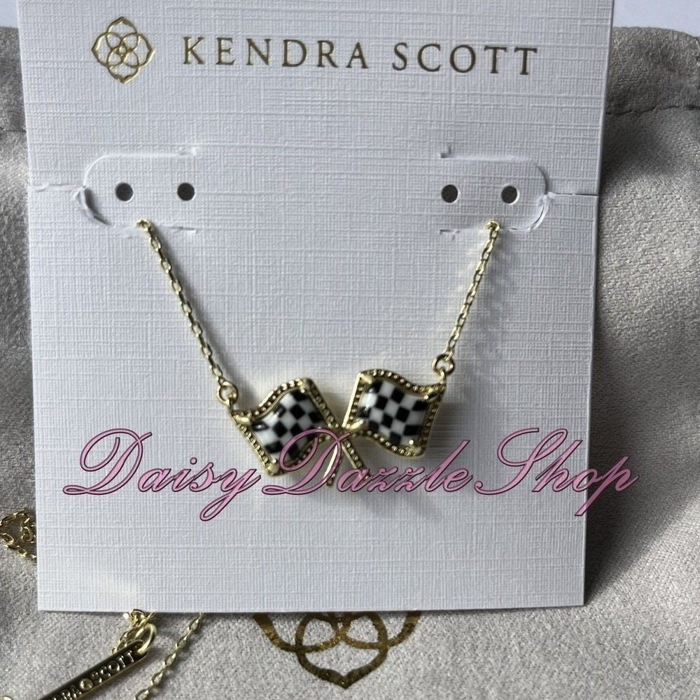 🏁NEW Kendra Scott Racing Checkered Flag Gold plated Pendant Necklace 🏁🏎️